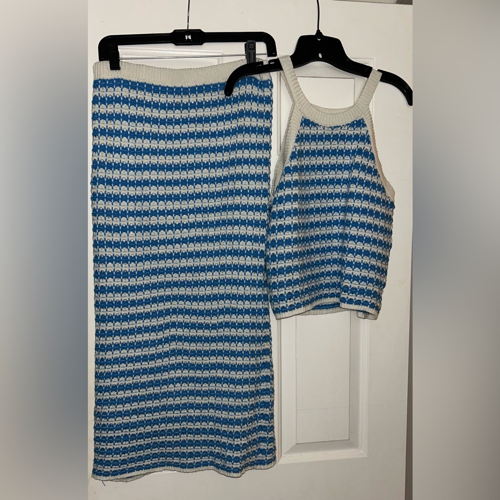 Blue and White Knit Tank and Skirt Set